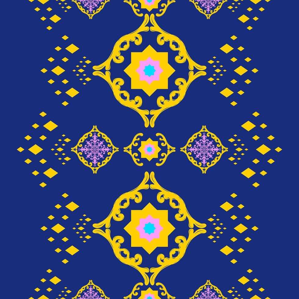 Ethnic Star Floral Scroll Ornament Geometric Border Striped Pattern Traditional Ancient Arabian Night Milky Way Style Pink Yellow Royal Blue for Wallpaper Decoration Festive Carpet Homespun Handicraft vector