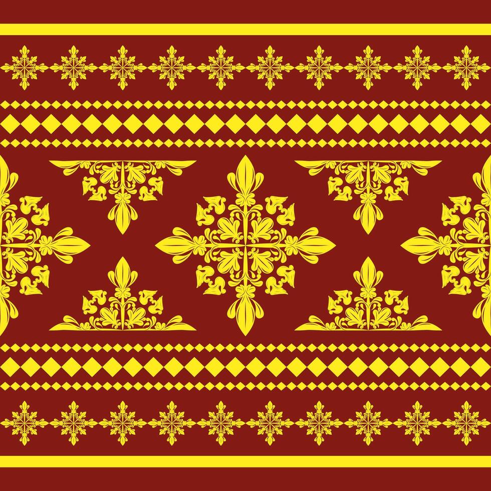 Exquisite Damask Florals Seamless Border Pattern with Royal Gold on Red Background. Elaborate Detailed Luxury Haute Couture Medieval Sense of Baroque for all kind of rich honor decoration apparel silk vector