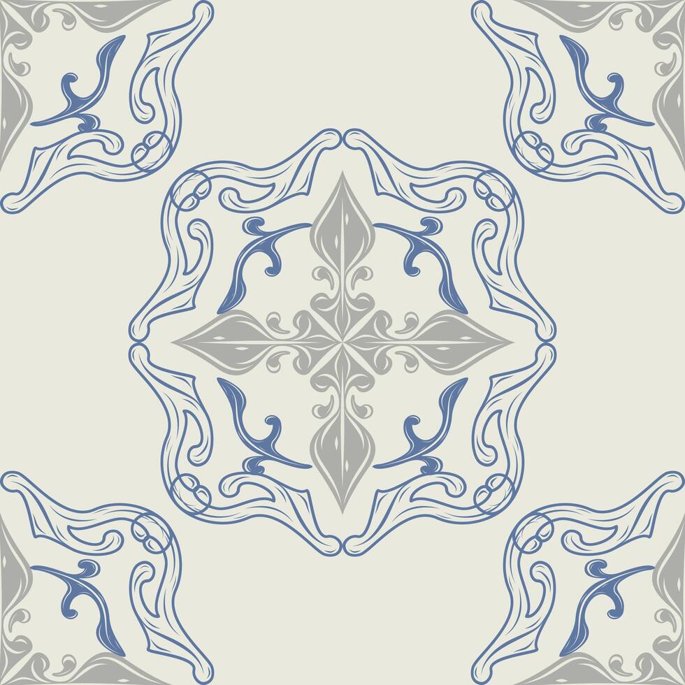 Classical Mythology Scroll Ornament Hand Drawn Seamless. Beautiful Repeat Blue Embroidery Pattern on Grey Background with Abstract Elegance Gothic Florals for Wallpaper Cover Wrap Fabric Textile Cloth vector