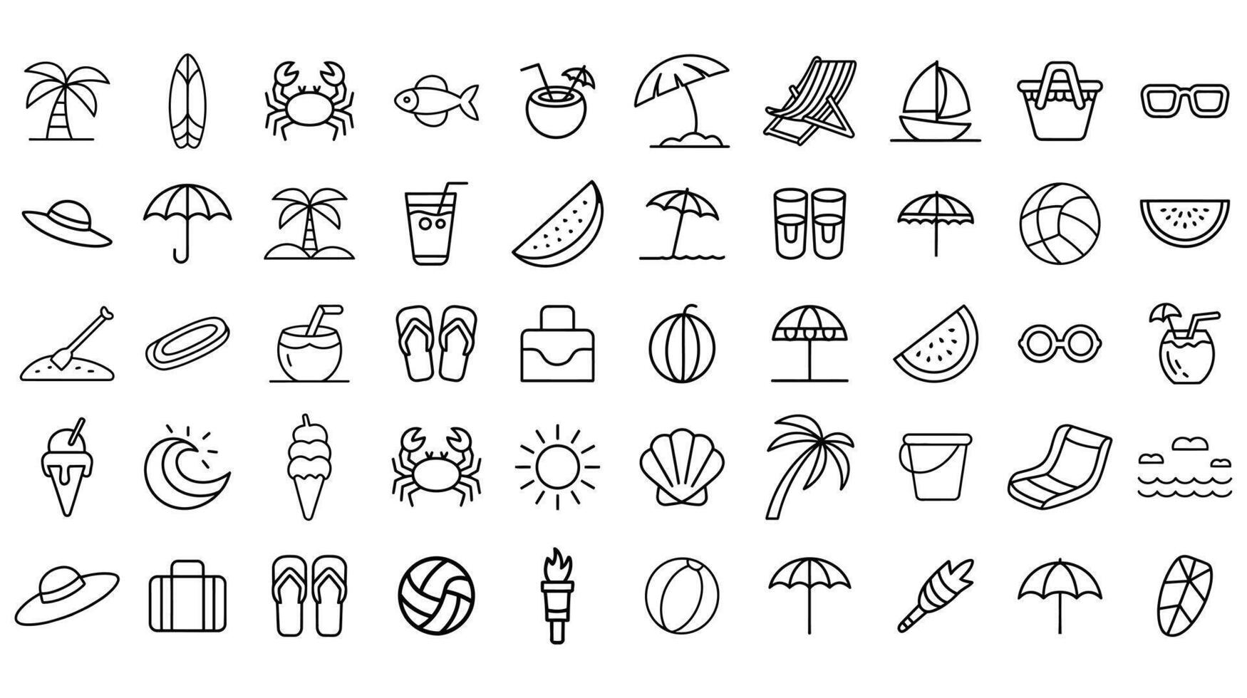 Summer Holiday and Beach Outline Icons , Set Includes Ice Cream, Umbrellas, Palm Trees, Drinks, Surfboards, Sunglasses, Shells, and Sea Life Elements vector