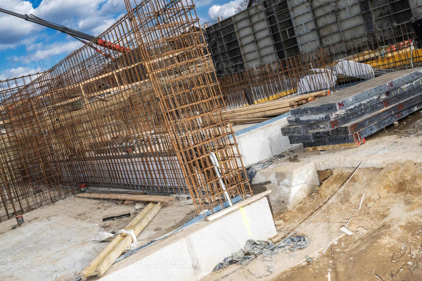 Construction Site With Steel Framework and Materials at Work photo