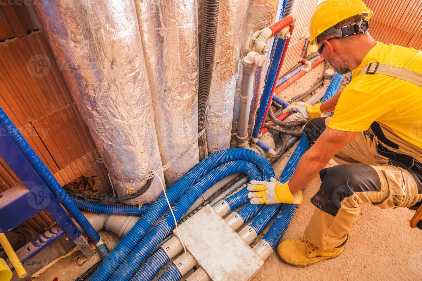 Construction Worker Installing Plumbing Pipes in a Building Under Renovation in the Afternoon Sunlight photo