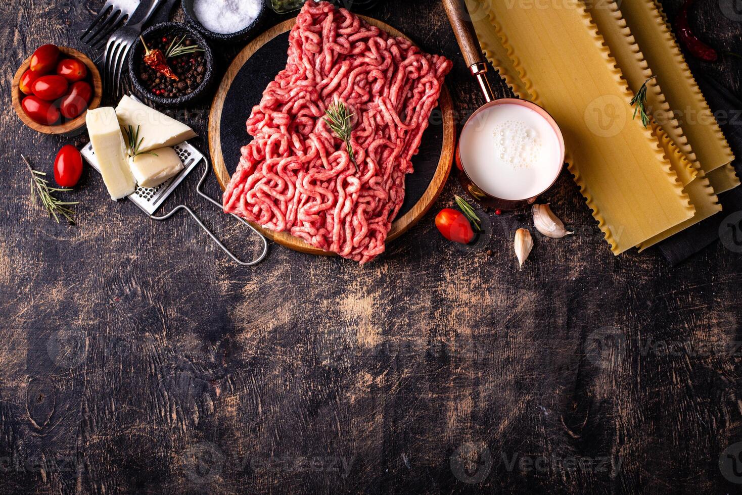 Ingredients for cooking lasagna bolognese with bechamel photo