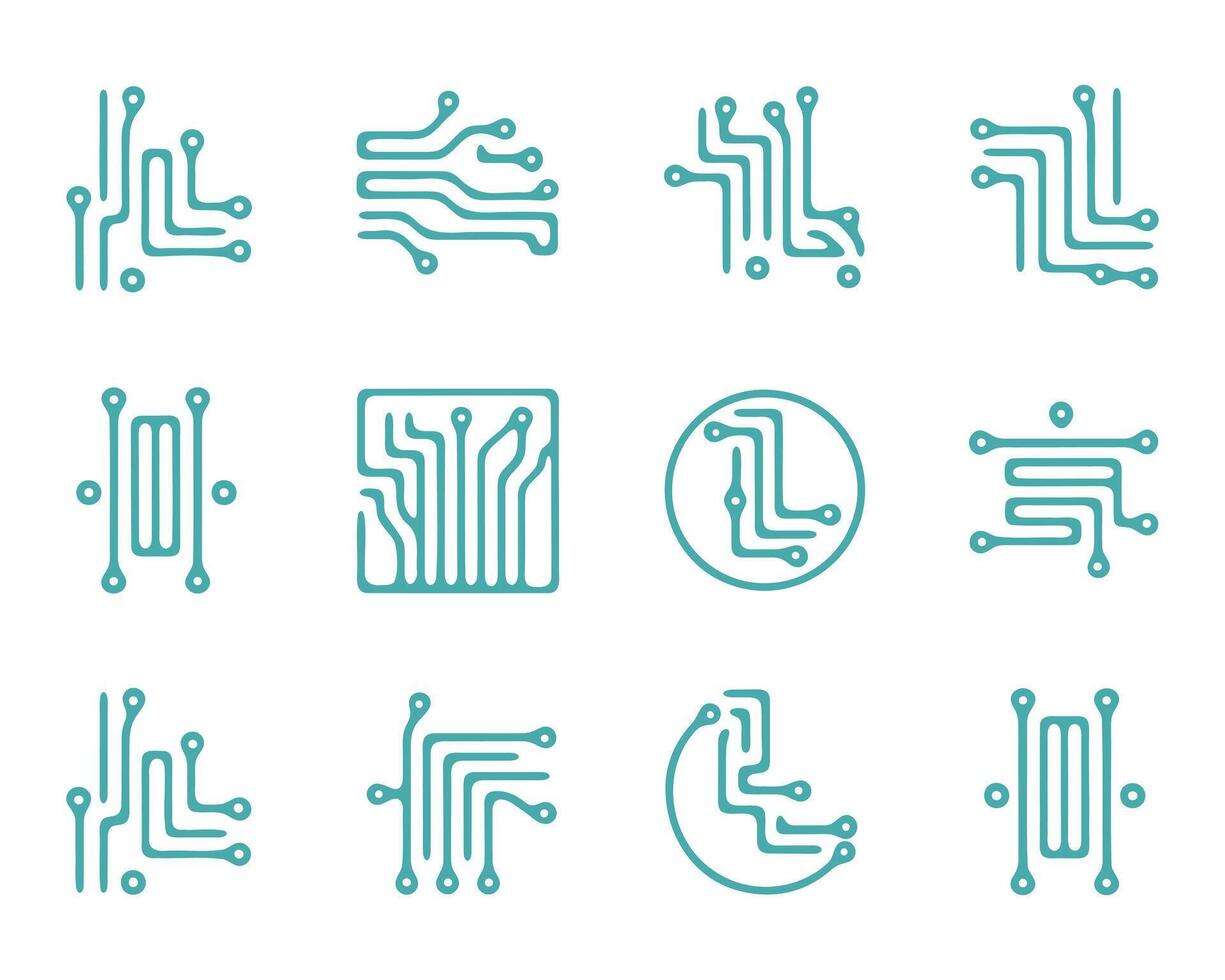 Twelve abstract circuit board designs for technology branding vector