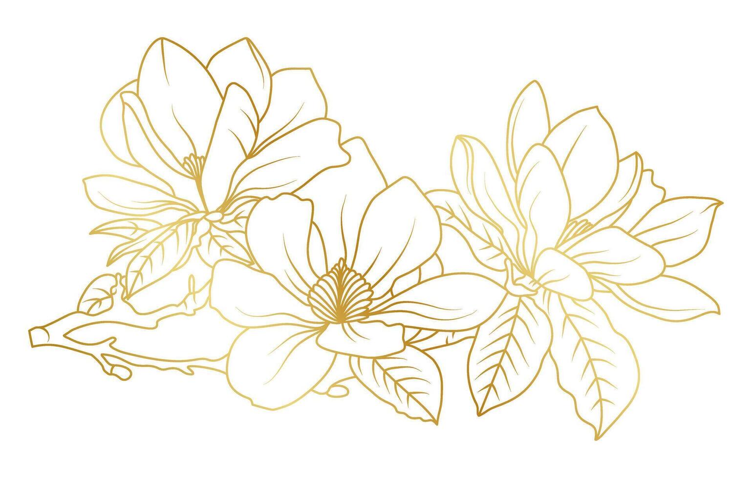 Golden magnolia flowers line art isolated on white background. Luxury magnolia floral design elements for invitation, wedding, wallpaper, print template illustration vector