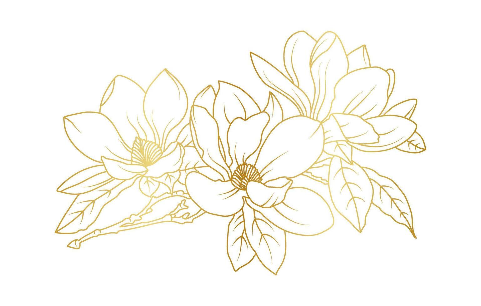 Elegant golden magnolia flowers in line art style for wedding and print vector