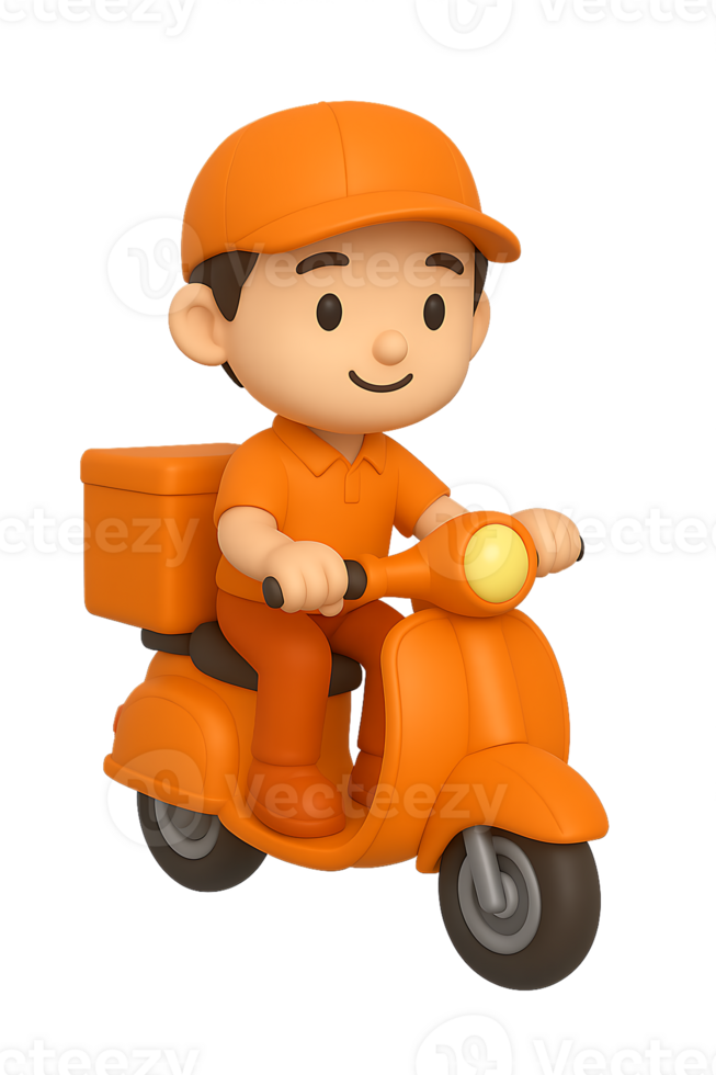 3D Character of cute delivery man mascot wearing orange uniform riding a scooter png