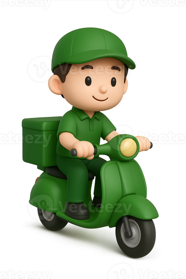 3D Characters of cute delivery man mascot wearing green uniform riding a scooter png