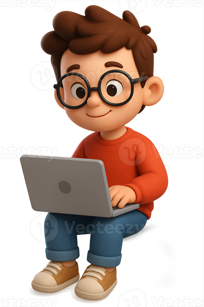 3D Characters of Kid using a laptop png