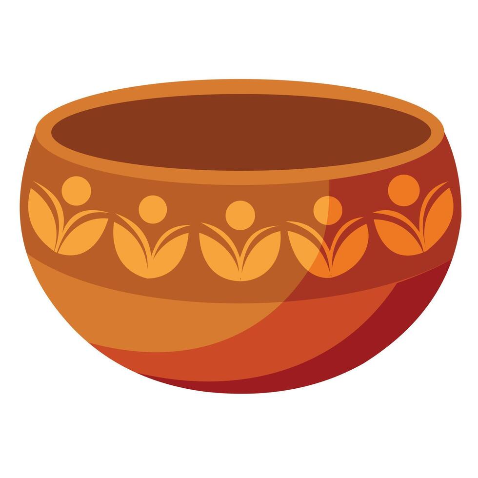 Ornate Brown Clay Bowl with Floral Design vector