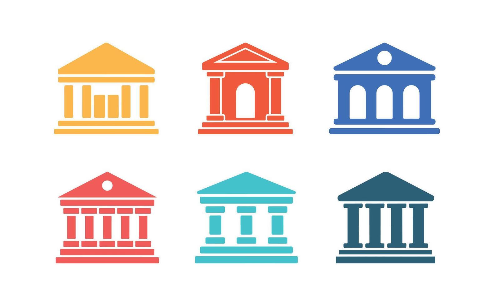 Different style bank building icons are shown with varying colors against white background vector
