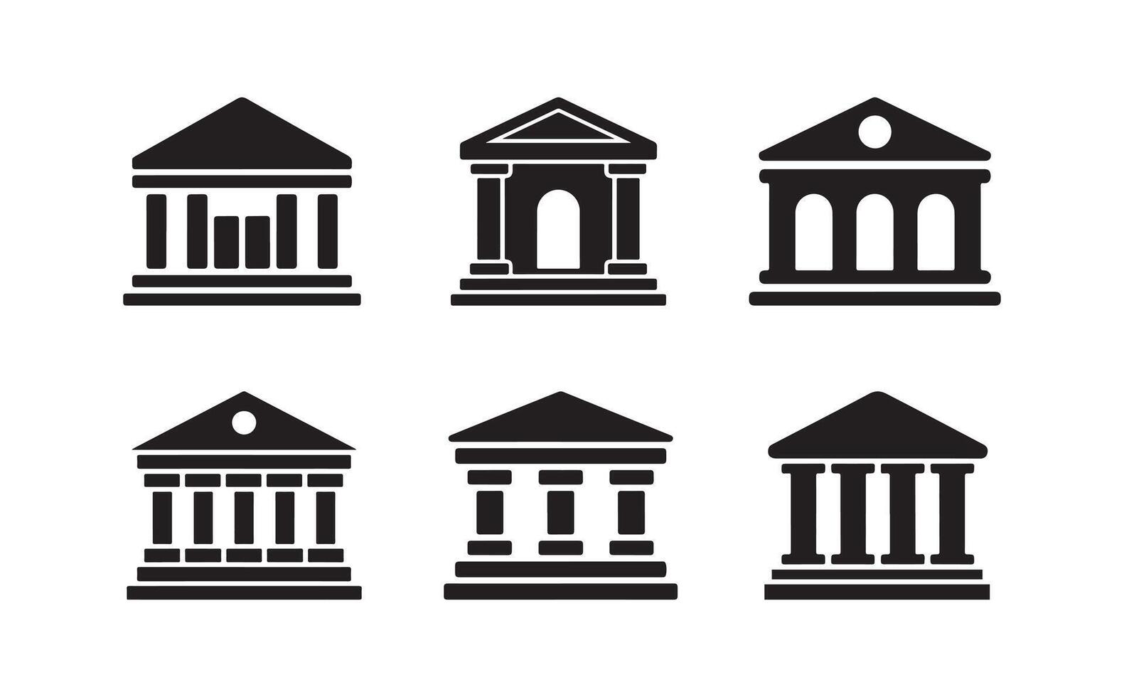 Six government building icons show distinct architectural styles against white background vector