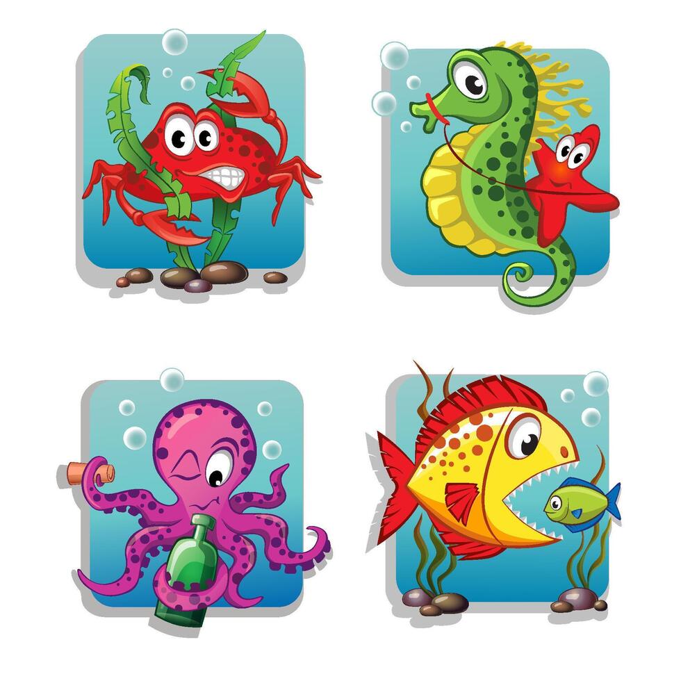 Set of cute cartoon sea animals. Crab, seahorse, starfish, octopus, fish in different comic situations vector