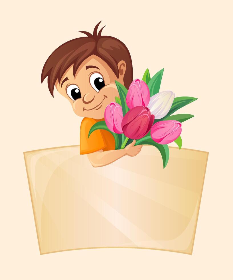 Boy with tulips and place for text vector