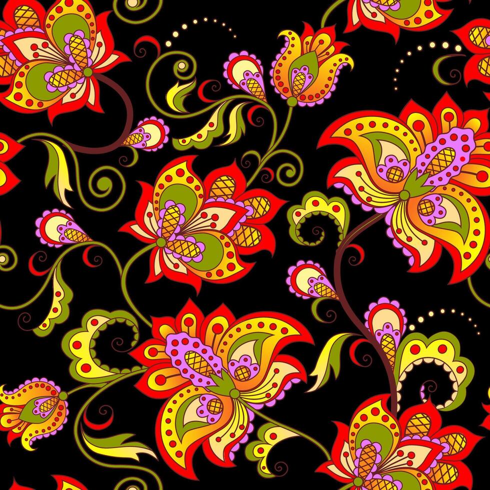 Decorative floral seamless pattern with bright flowers and leaves on black background vector