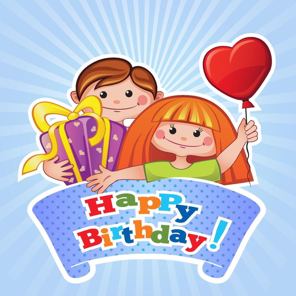 Happy birthday greeting card. Cute little girl and boy with gift and balloon vector