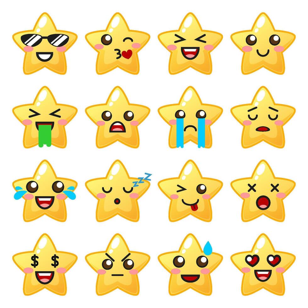 Kawaii stars set. Star emoji. Cute emoticons isolated on white background vector