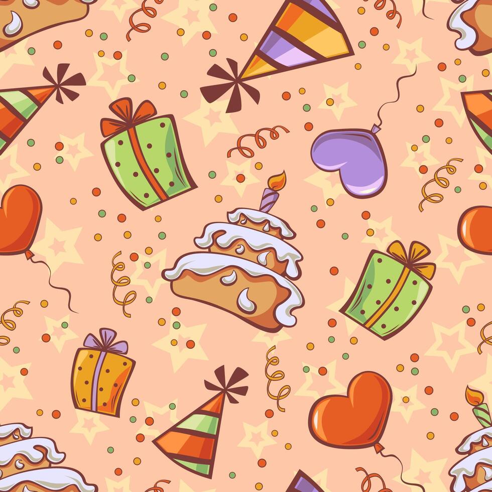 Seamless birthday background with gift, balloon, cake, festive cap and confetti vector
