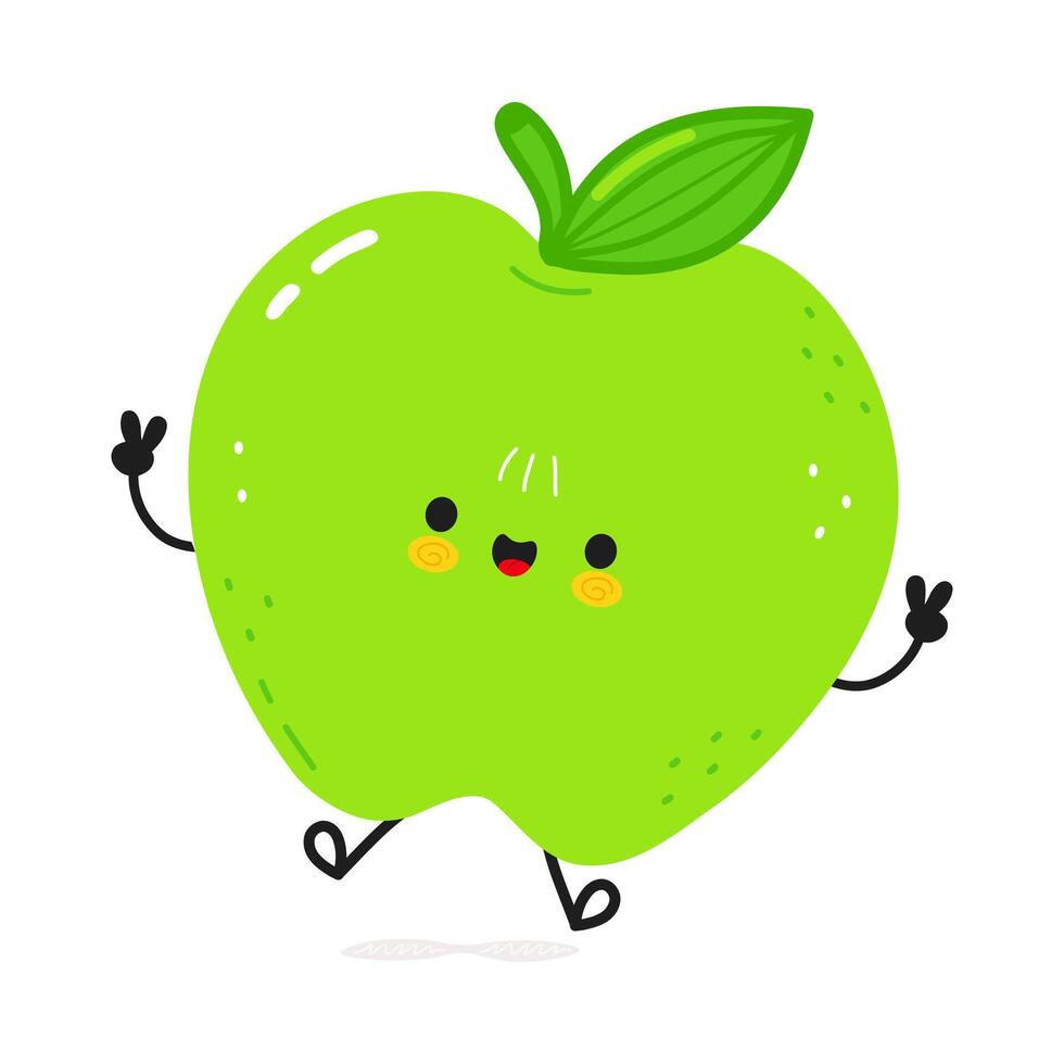A cute, happy green Apple Character is waving peace signs and jumping, ready to play. vector