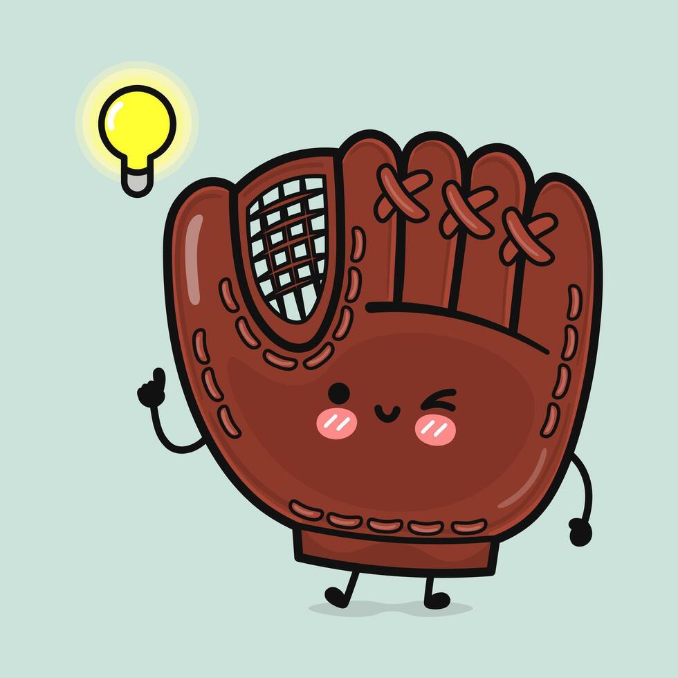 Baseball glove character pointing toward glowing light bulb, symbolizing creative sports strategy with playful cartoon expression vector