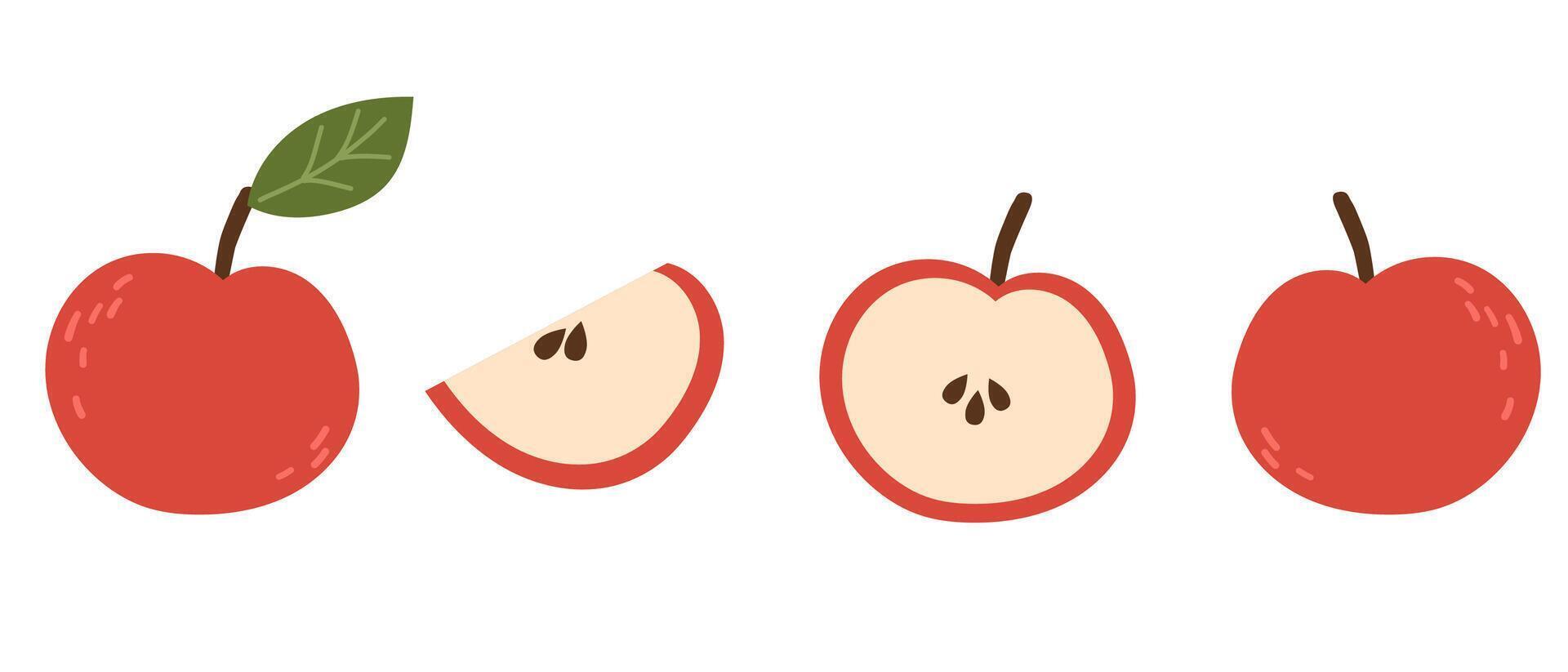 Red apple set illustration. Cartoon isolated whole delicious juicy fruit and cut into portion slices, half and quarter pieces and organic fruity apple vector