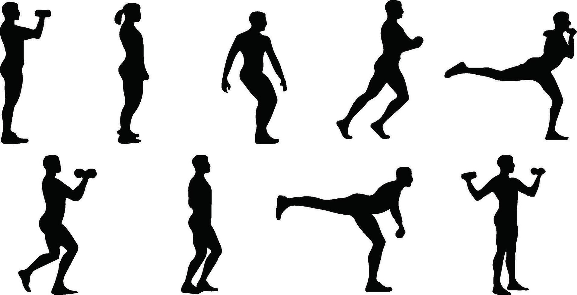 Silhouettes Performing Various Fitness Exercises Including Weightlifting, Squats, Running vector