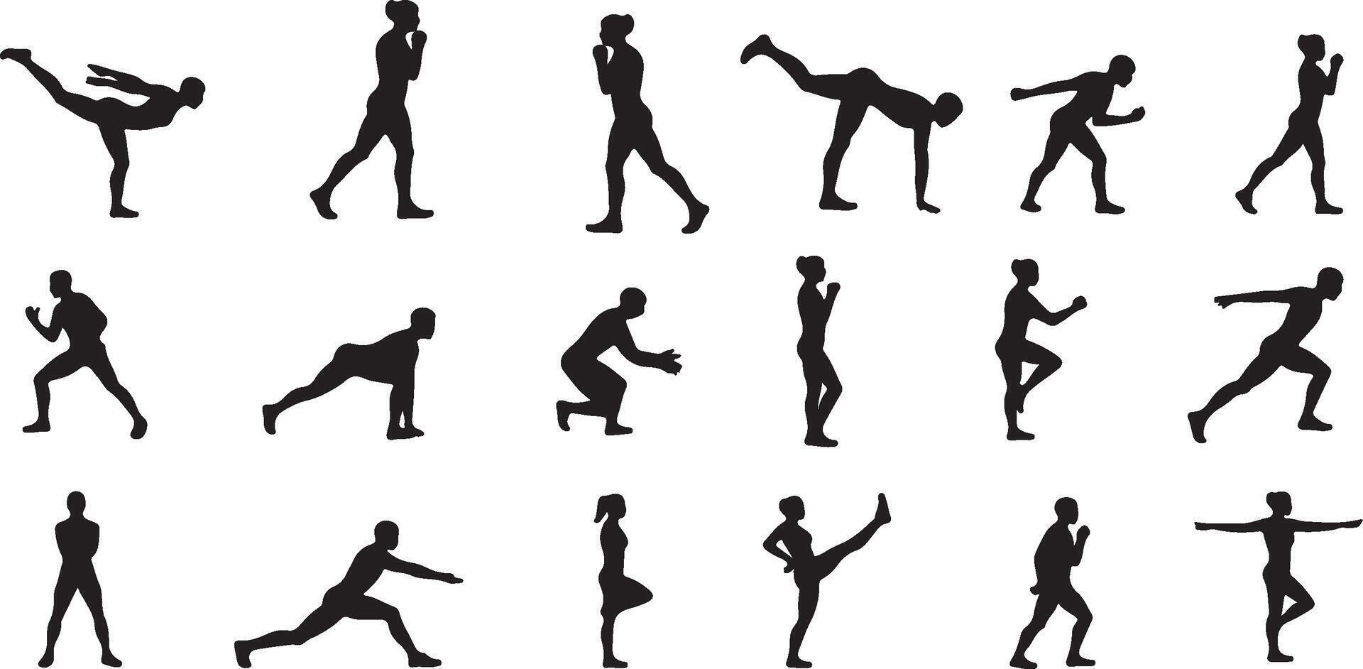 Silhouettes Performing Various Fitness Exercises Including Weightlifting, Squats, Running, Kicking, and vector