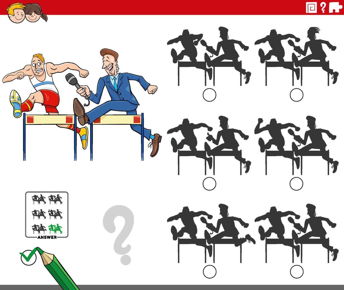 shadow puzzle acyivity with cartoon runner and reporter vector
