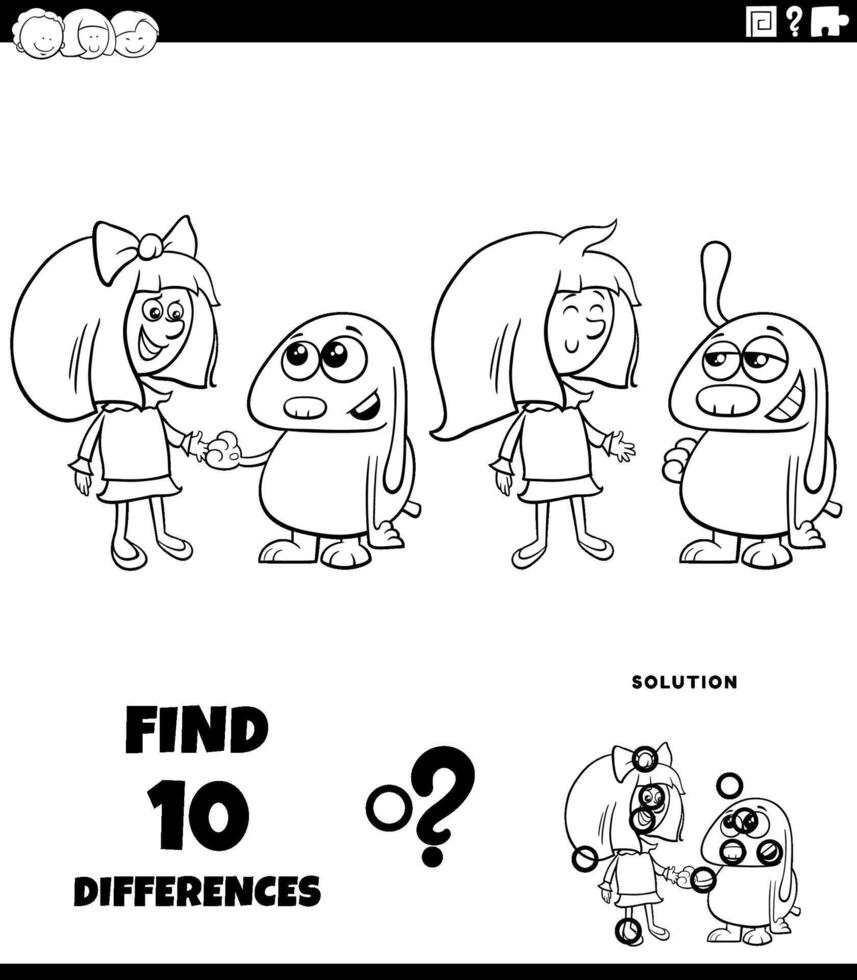 differences puzzle activity with cartoon girl and her puppy coloring page vector