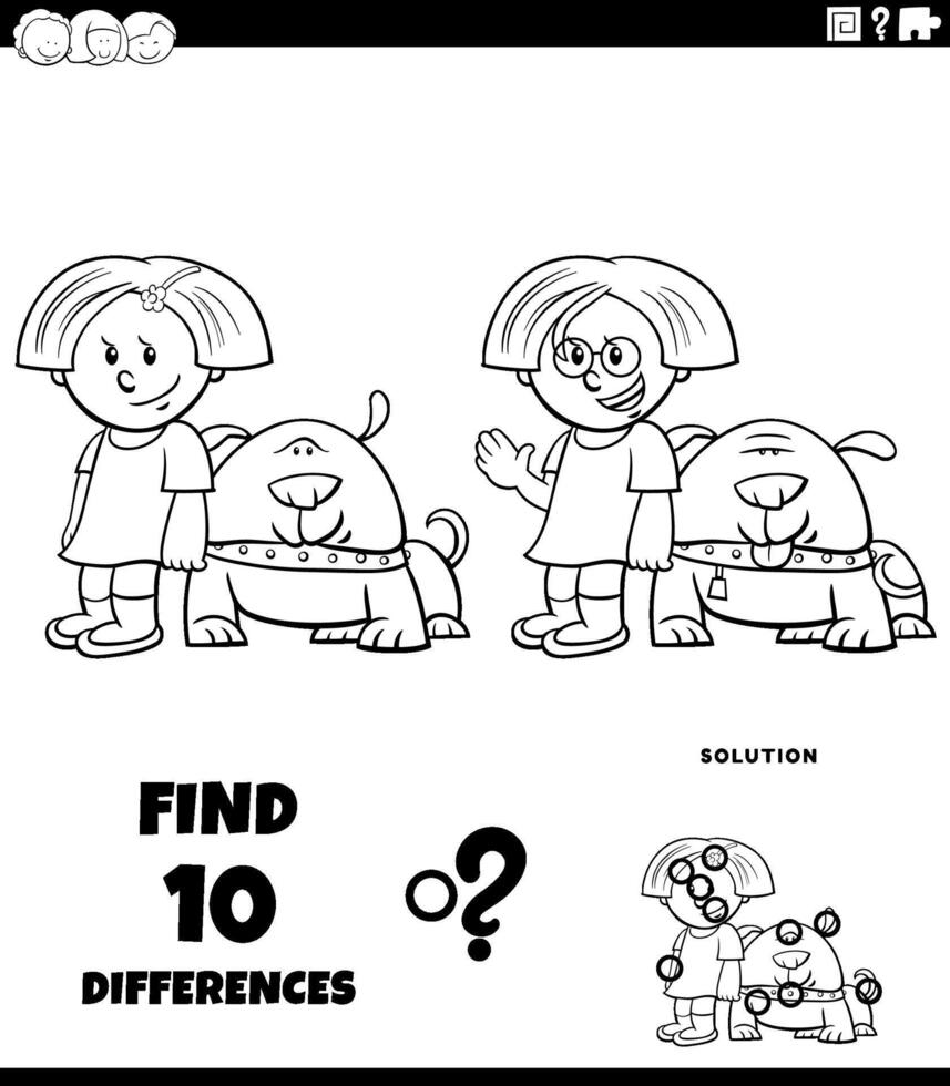 differences puzzle task with cartoon girl and her dog coloring page vector