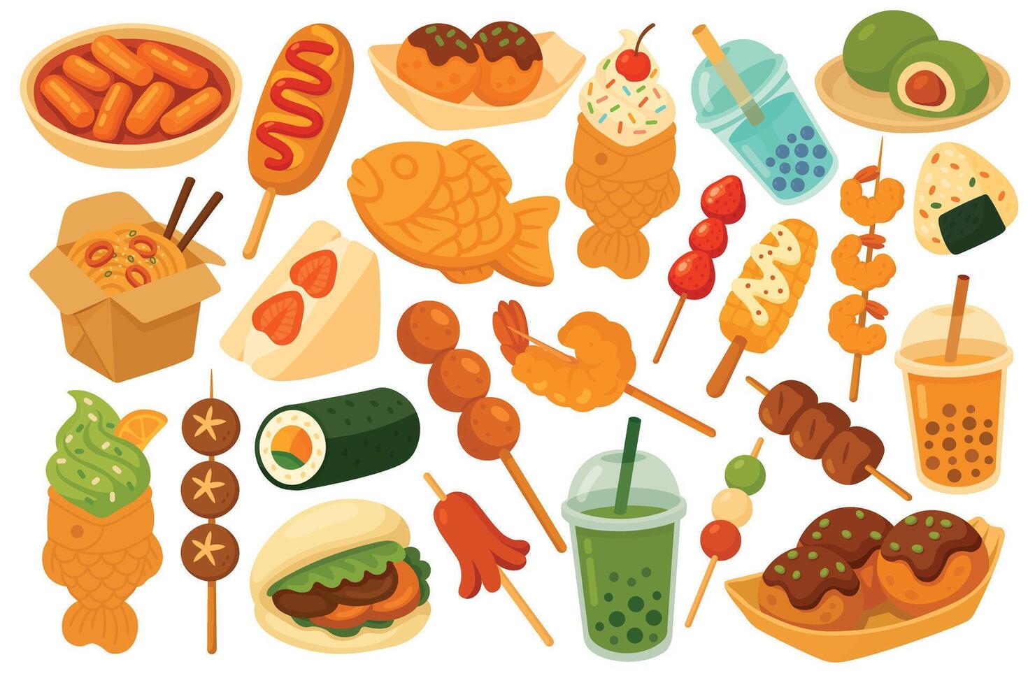 Bright cartoon set of Asian street food including snacks, sweets, drinks, rolls and skewers. vector