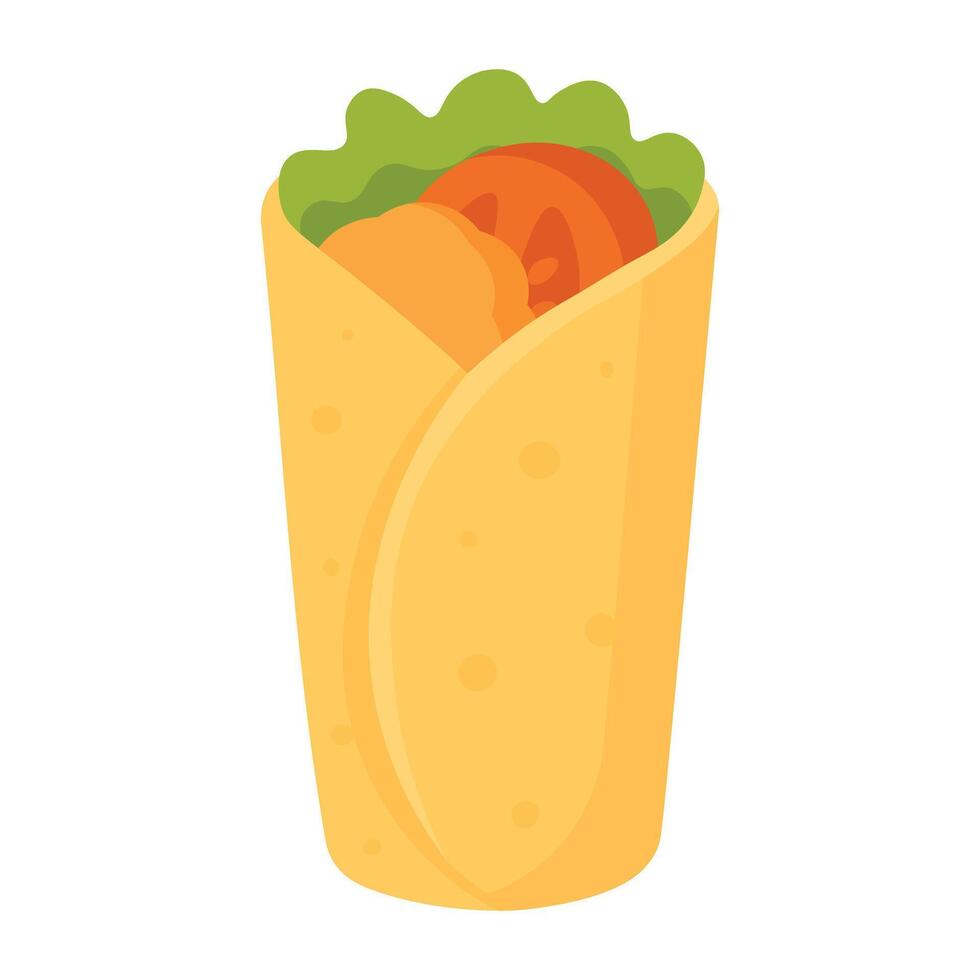 Tortilla wrap with chicken, tomato and lettuce. Flat cartoon style snack illustration. vector