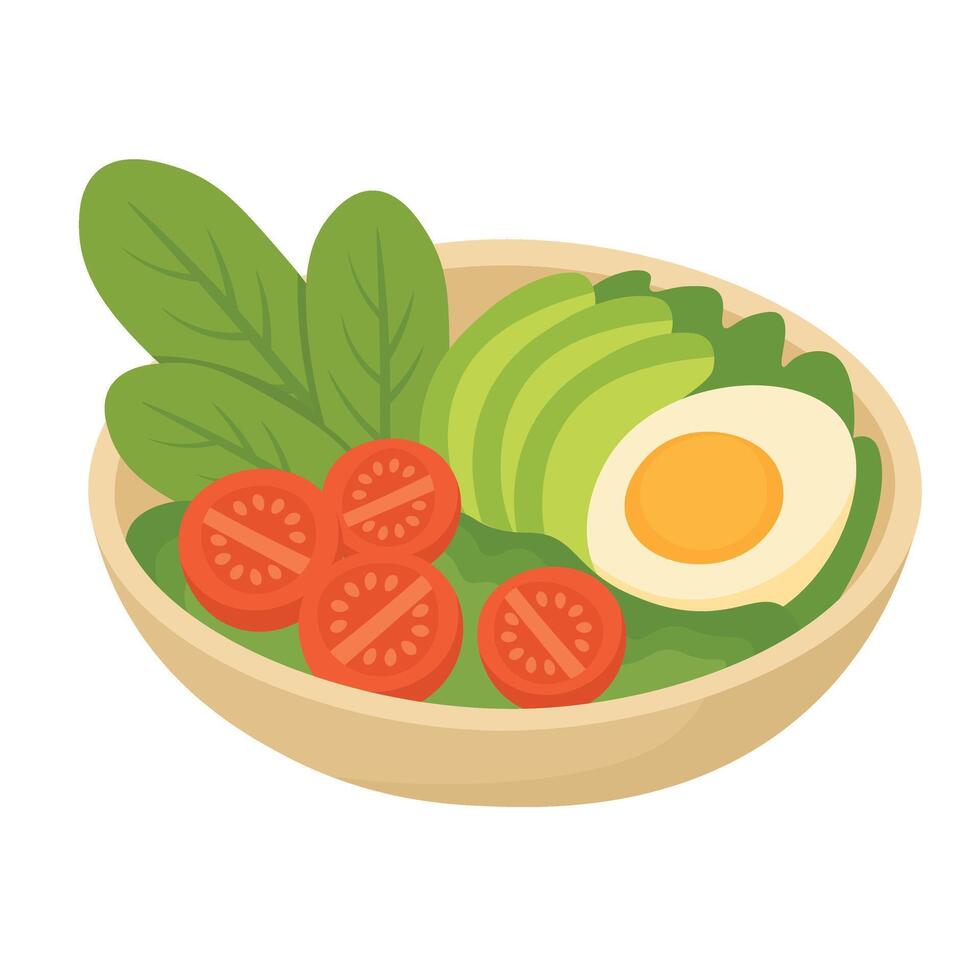 Fresh salad bowl with avocado, egg, tomatoes and greens in cartoon flat style illustration. vector