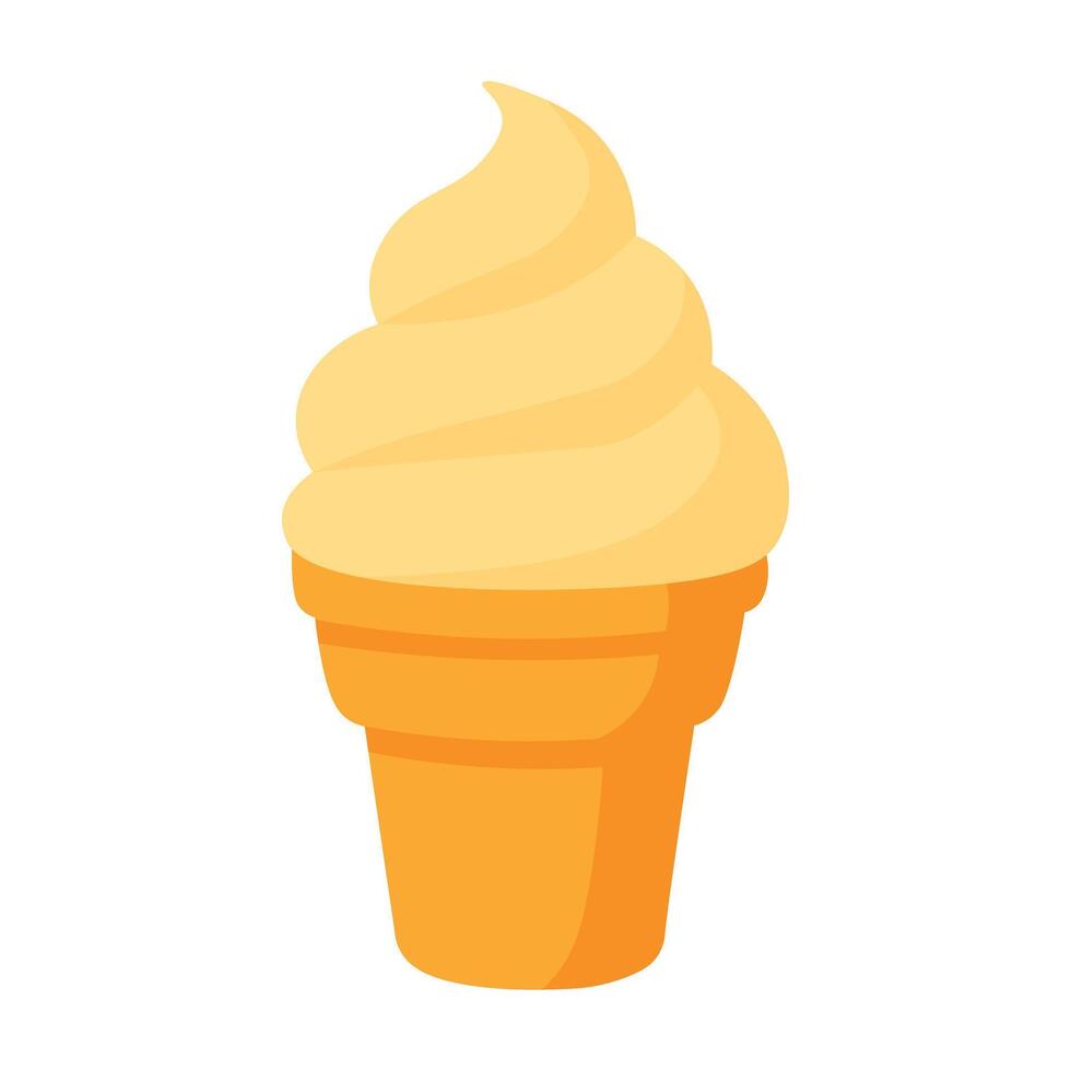 Soft vanilla ice cream in a yellow cone. Cute and simple flat cartoon dessert illustration. vector