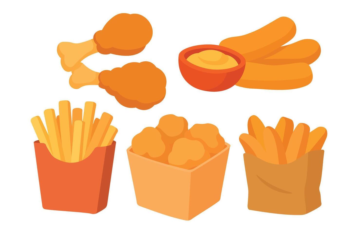 Flat cartoon set with chicken, fries, nuggets, cheese sticks and sauce. Tasty snack collection. vector