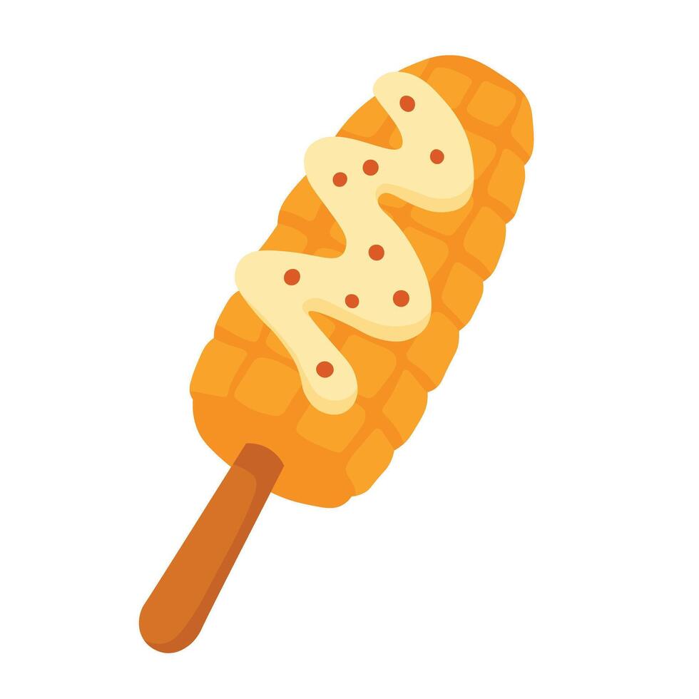 Asian grilled corn on stick with creamy sauce and spices, cartoon street food. vector