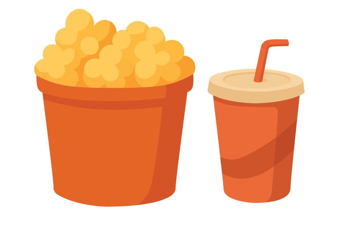 Flat cartoon illustration of movie snacks including a popcorn bucket and takeaway drink cup. vector