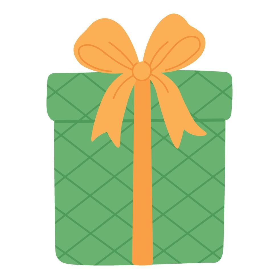 Green gift box with diagonal grid pattern, lid and yellow bow, great for festive packaging designs. vector