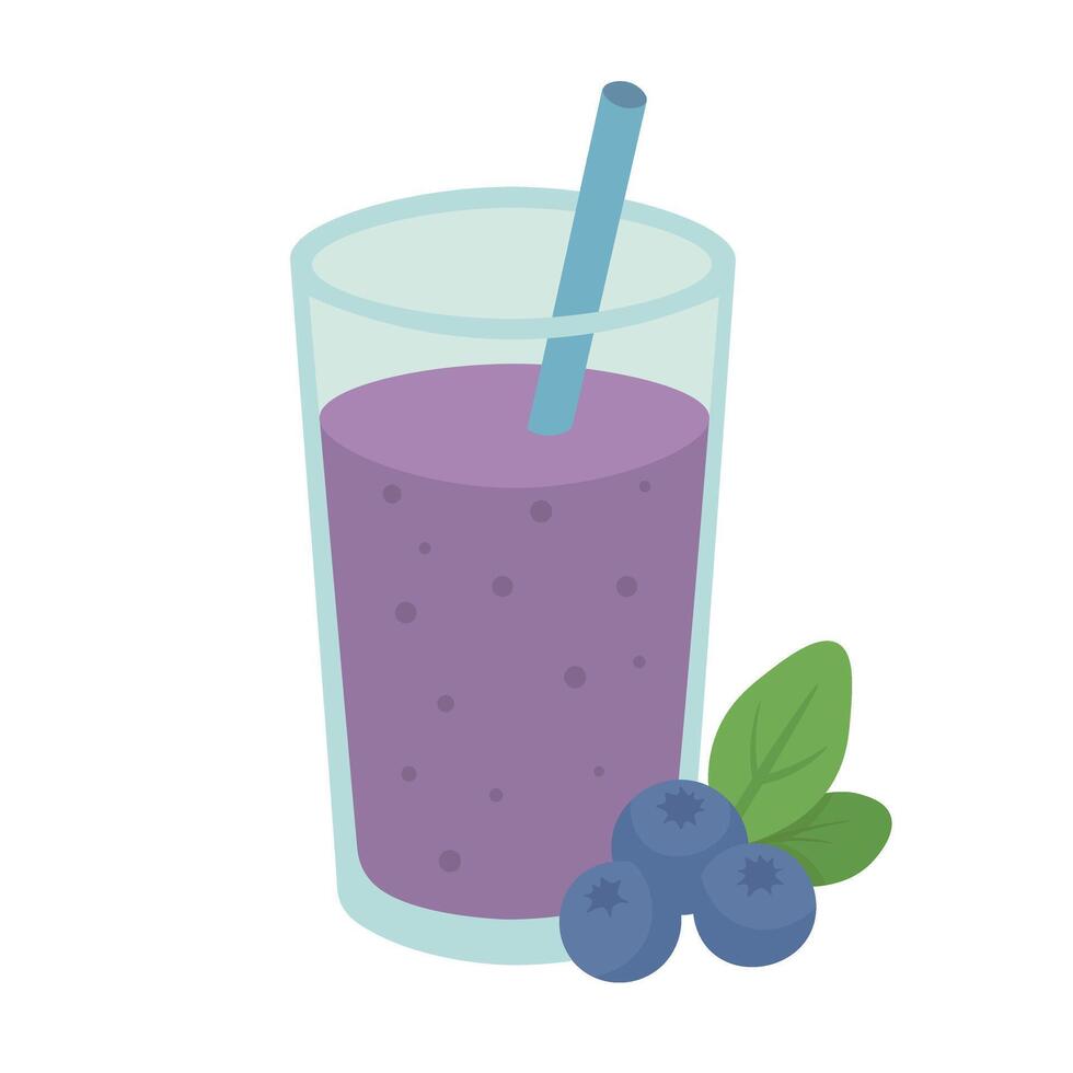 Glass of purple blueberry smoothie with straw and berries, flat cartoon healthy drink illustration. vector