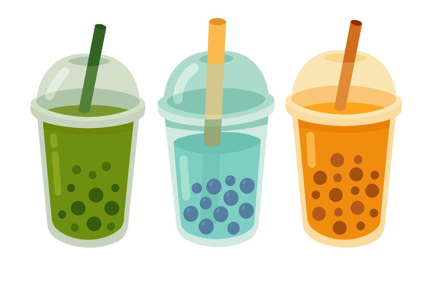 Colorful flat cartoon set of boba tea drinks with different flavors in plastic takeaway cups. vector