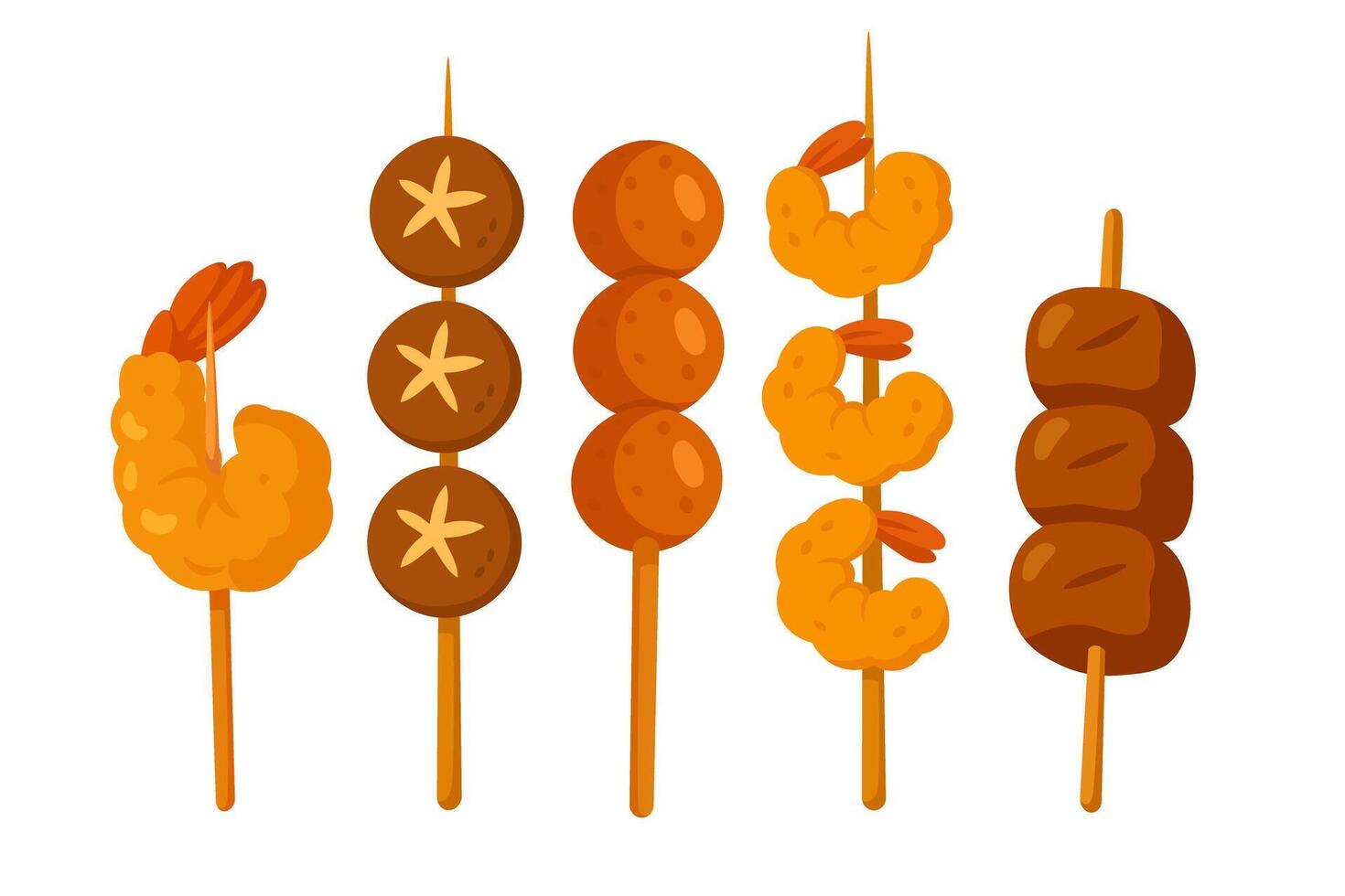 Cartoon set of grilled Asian street food skewers with shrimp, mushrooms, meatballs and more. vector