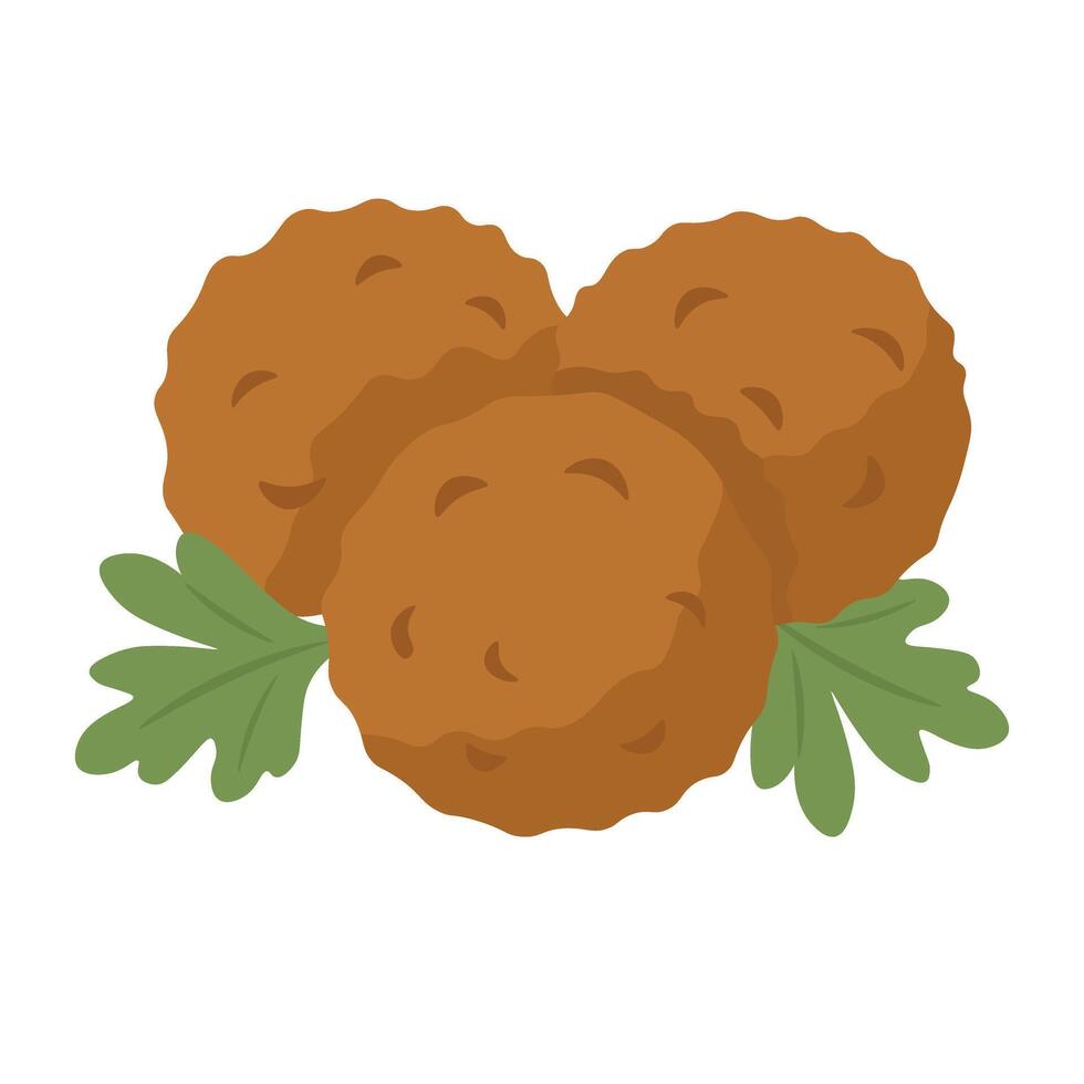Three crispy falafel balls with herbs, cartoon flat style healthy food illustration. vector