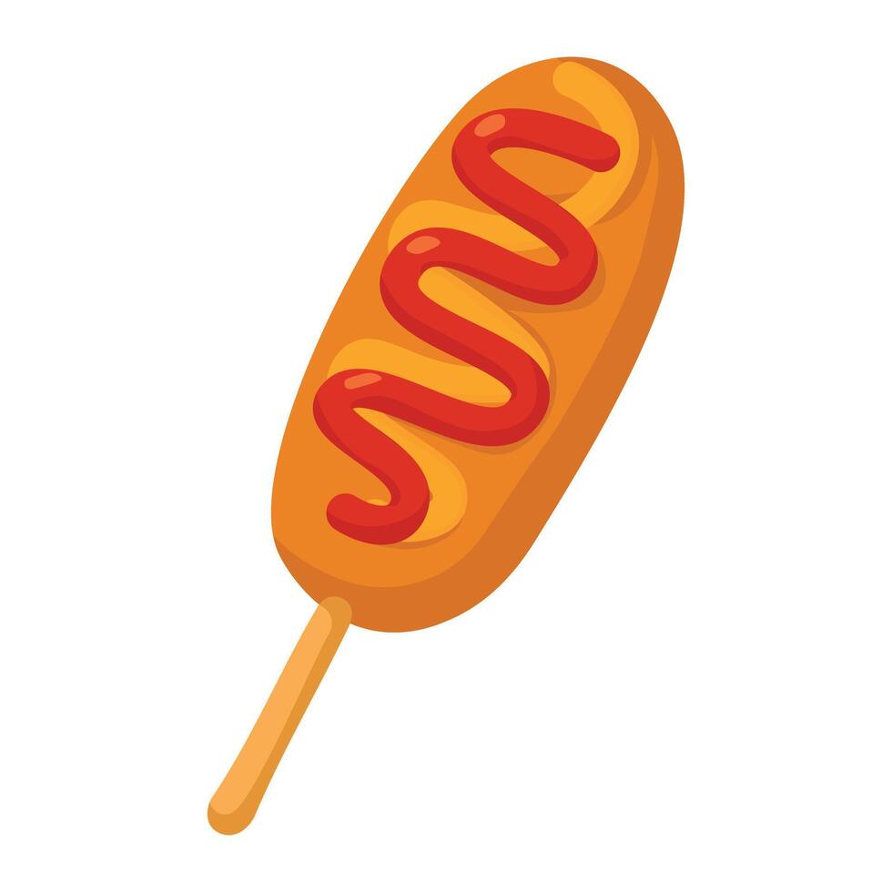 Crispy Korean street corn dog with ketchup and mustard, tasty cartoon snack illustration vector