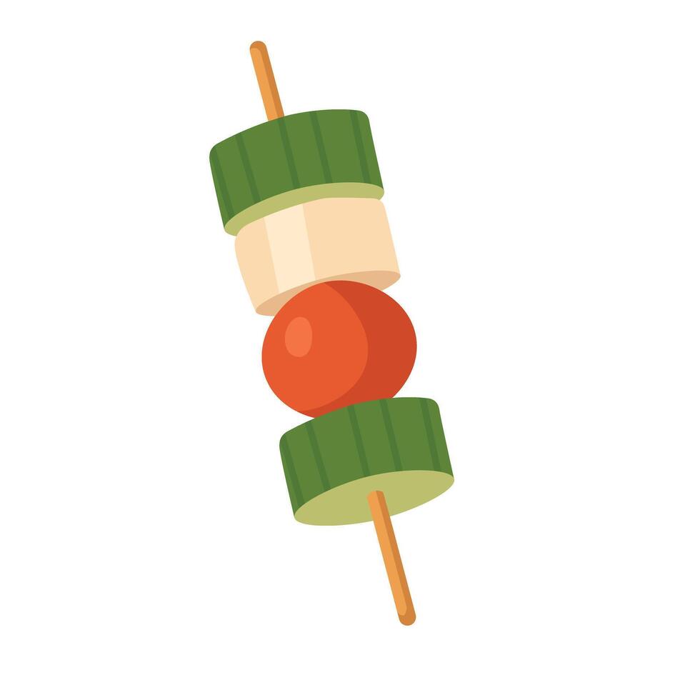 Cartoon flat style skewer with cucumber, tomato and cheese, healthy snack illustration. vector