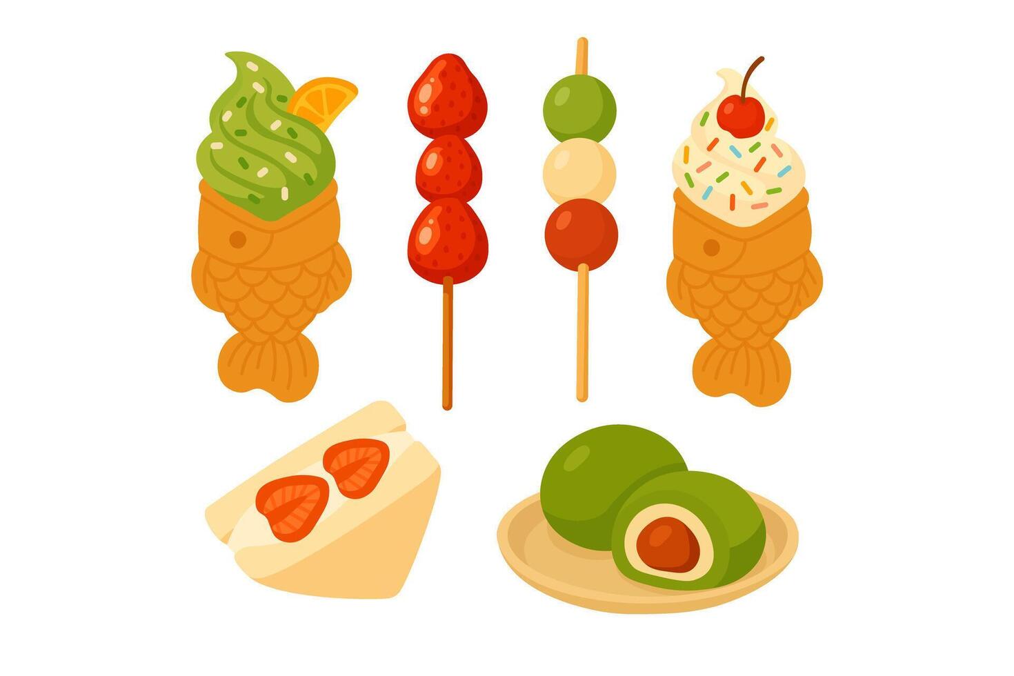 Colorful cartoon set of traditional Asian sweets, including taiyaki, dango, mochi and fruit treats. vector