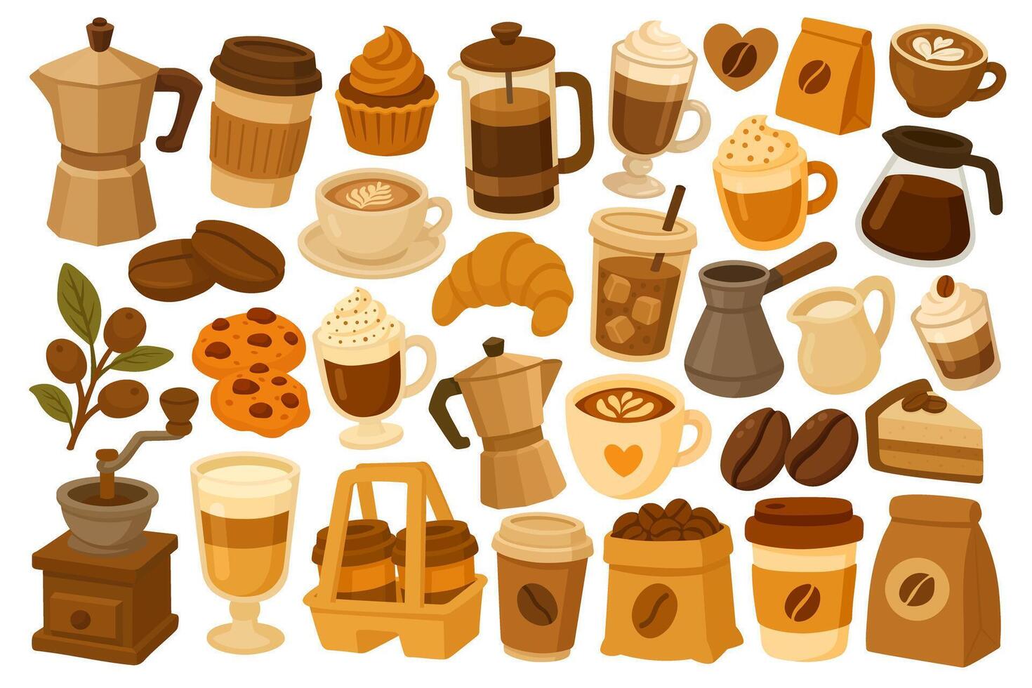 Cozy flat cartoon coffee collection, includes drinks, cups, beans, desserts, equipment, and decor elements. vector