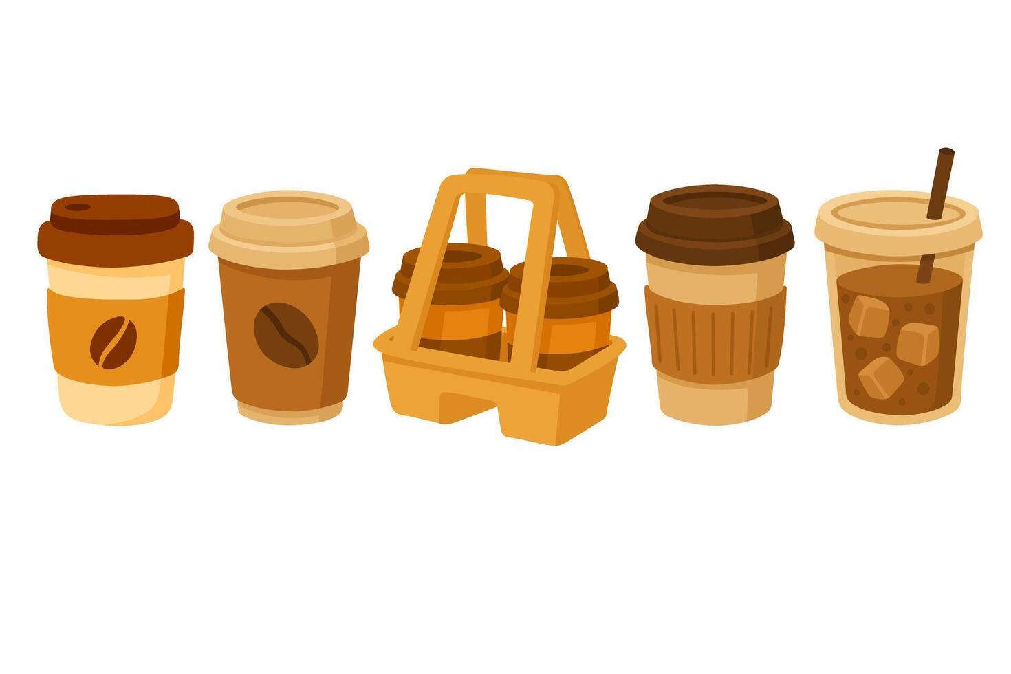 clipart set of takeaway coffee cups and tray, cozy cartoon style for cafe and food projects. vector