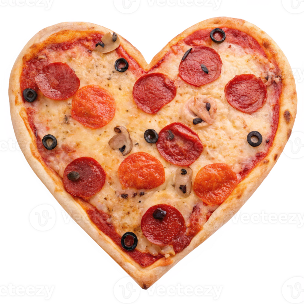 a heart shaped pizza with pepperoni and olives on it png