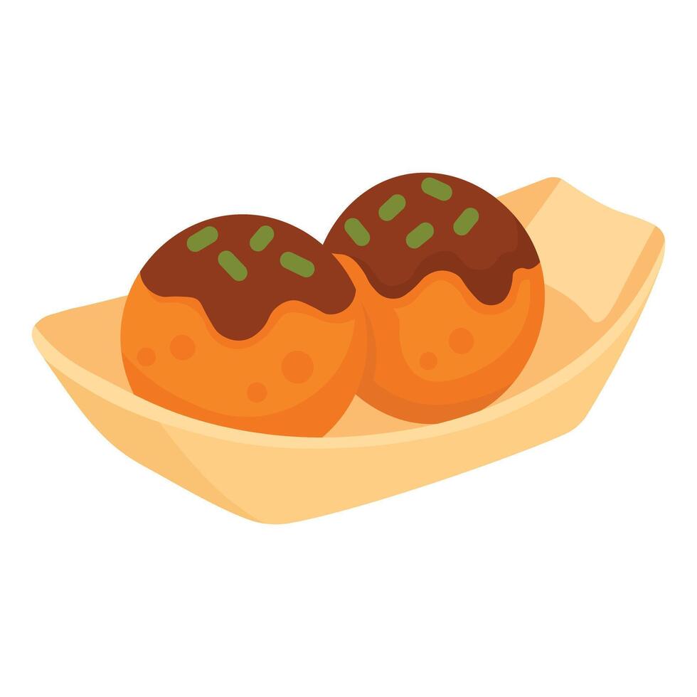 Japanese street food snack with octopus balls in sauce, tasty cartoon illustration. vector