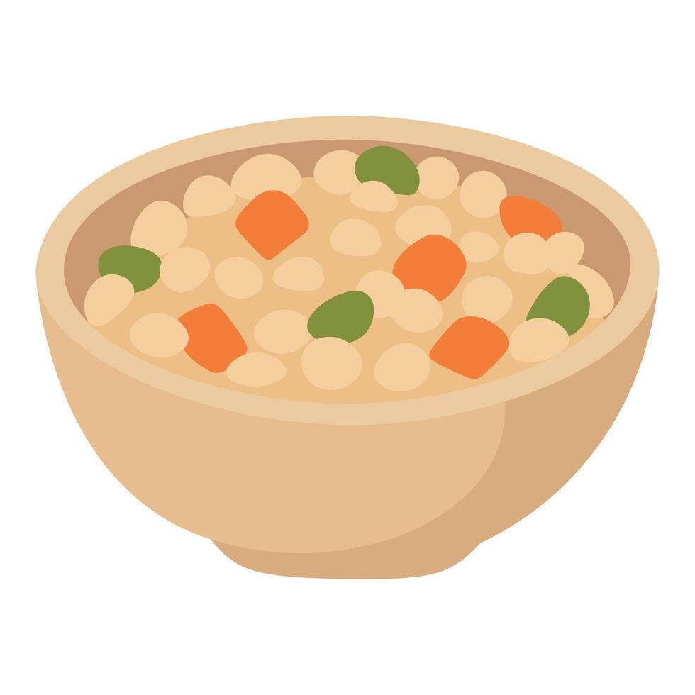 Cartoon bowl with chickpeas, carrots and green vegetables, flat healthy food illustration. vector